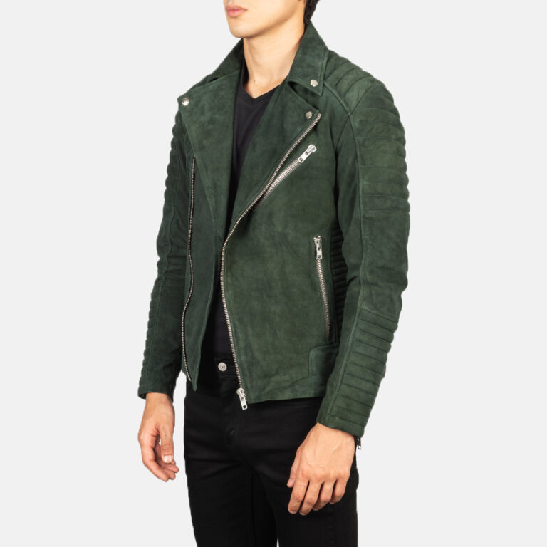 Mens Armand Green Suede Biker Jacket Side Pose-3-1634126893852